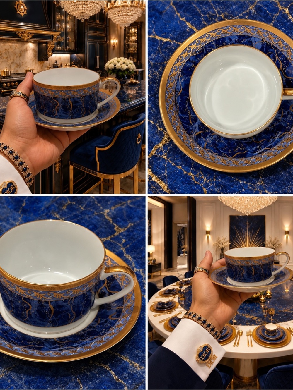 8PCS Christian Dior Azure Royale Fine Original Art 4 CUP & SAUCER 1990s Vintage